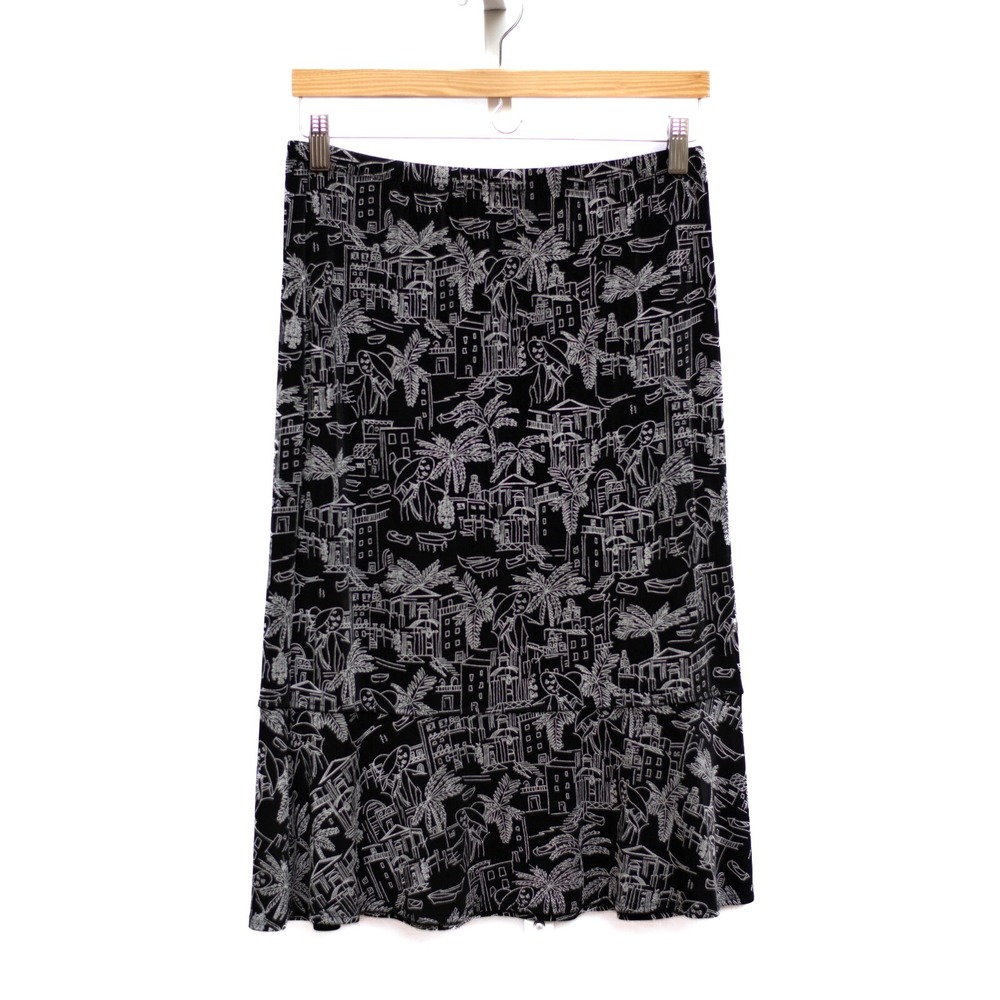 Y2K Chico's Sz 1 M/8 Miami Deco Midi Skirt‎ Slinky Elastic Waist Pull On USA